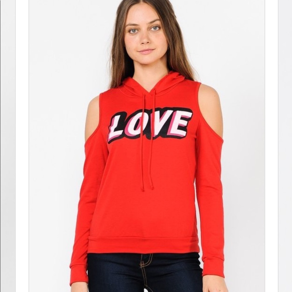 Red Off Shoulder Hoodie Long Sleeve Tee